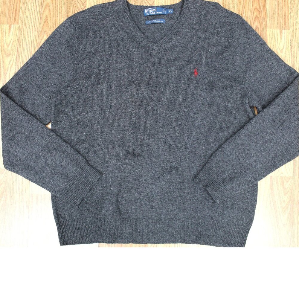POLO RALPH LAUREN V-NECK 100% LAMBSWOOL SWEATER GRAY & RED Sz X-LARGE, XL